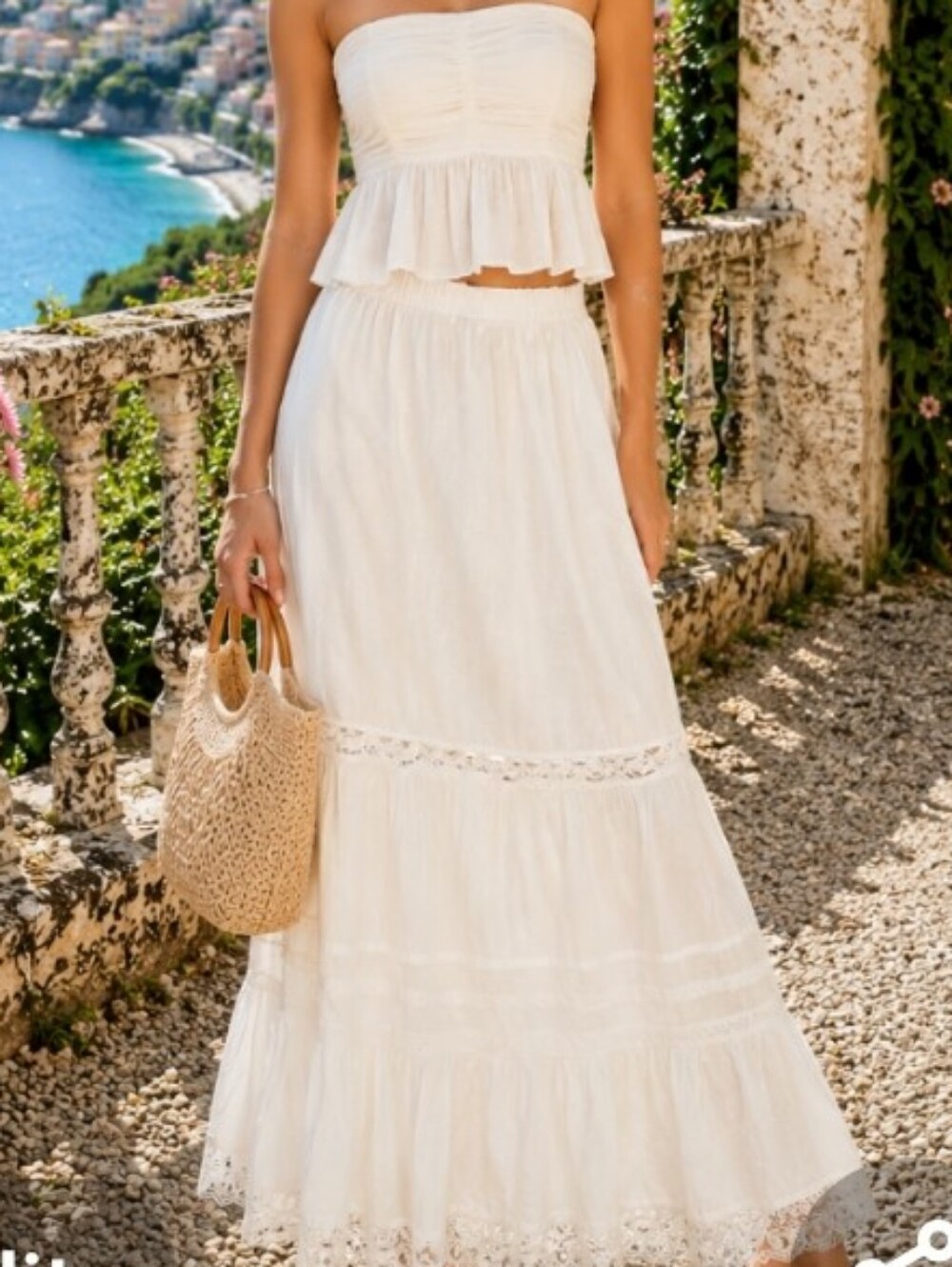 White Boho Lace Trim Maxi Skirt Small Beach  Summer Midi Old Money Stitch And Pi - Picture 8 of 8
